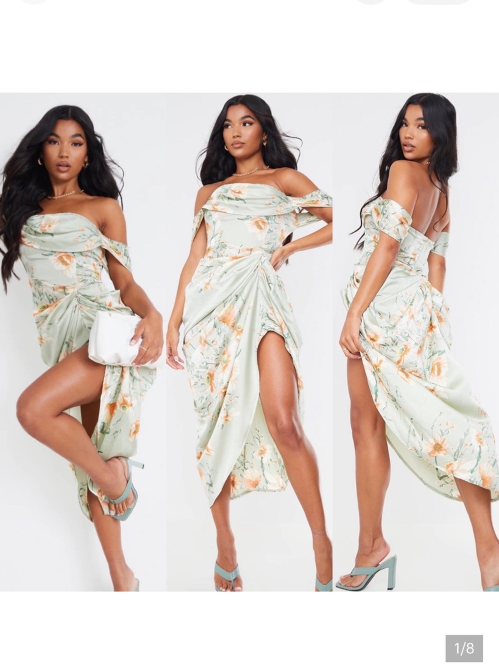 PrettyLittleThing Sage Floral Satin Off-Shoulder Midi Dress with Orange Blossoms